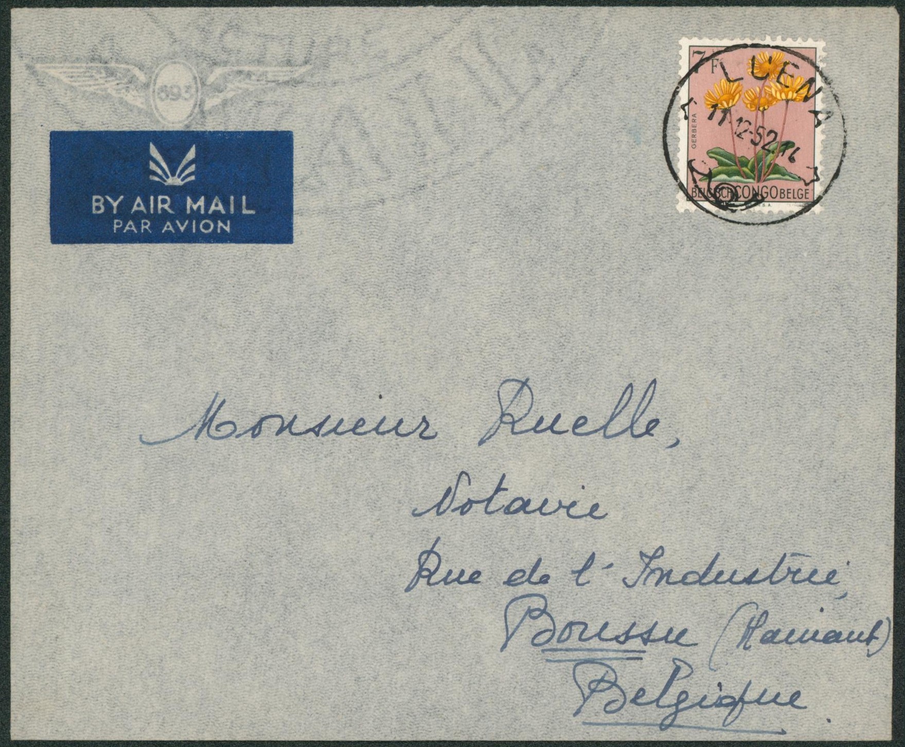 Congo Belge - Fleur : 7F sur lettre par avion de Luena (Katanga) > Boussu.
