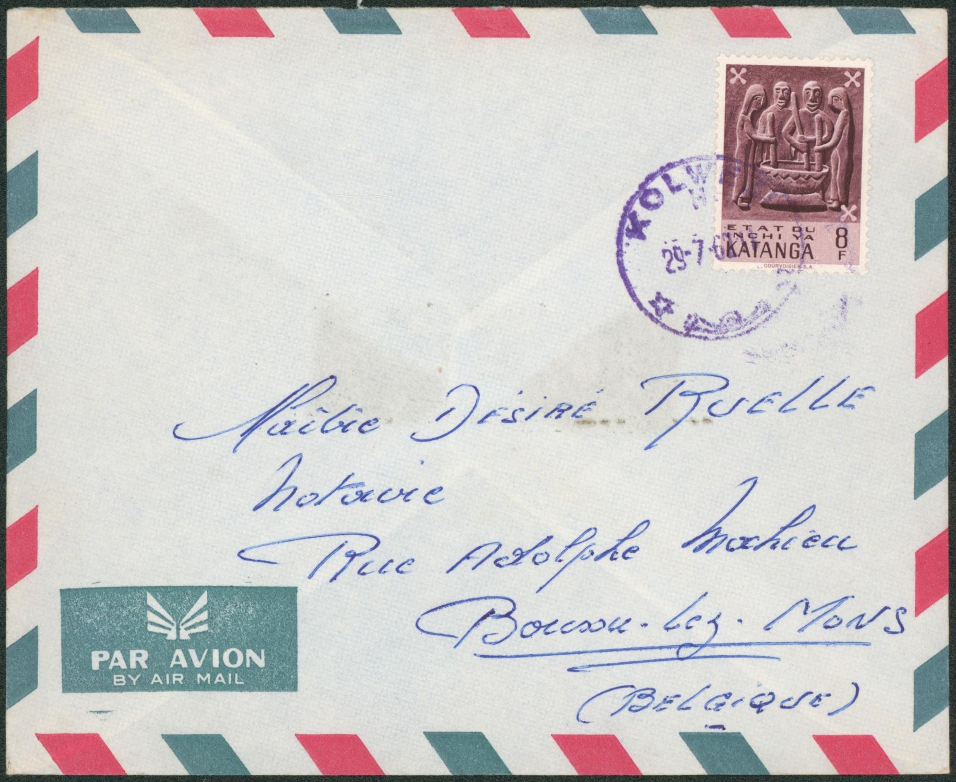 Katanga - 8F seul sur lettre par avion de Kolwezi > Boussu
