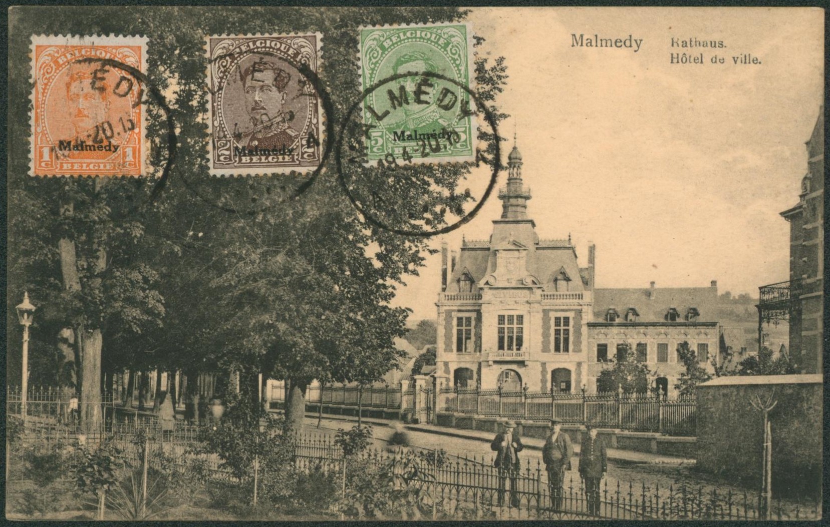 Canton de l'est - Affranchissement tricolore sur CP vue (Malmedy) çàd OC62, OC63 et OC65