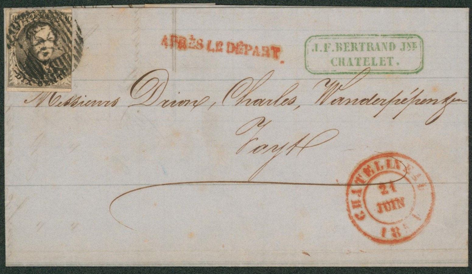 n°6 (bord droit rasé) sur LAC obl P26 çàd chatelineau + griffe APRES LE DEPART > Fayt. Luxe