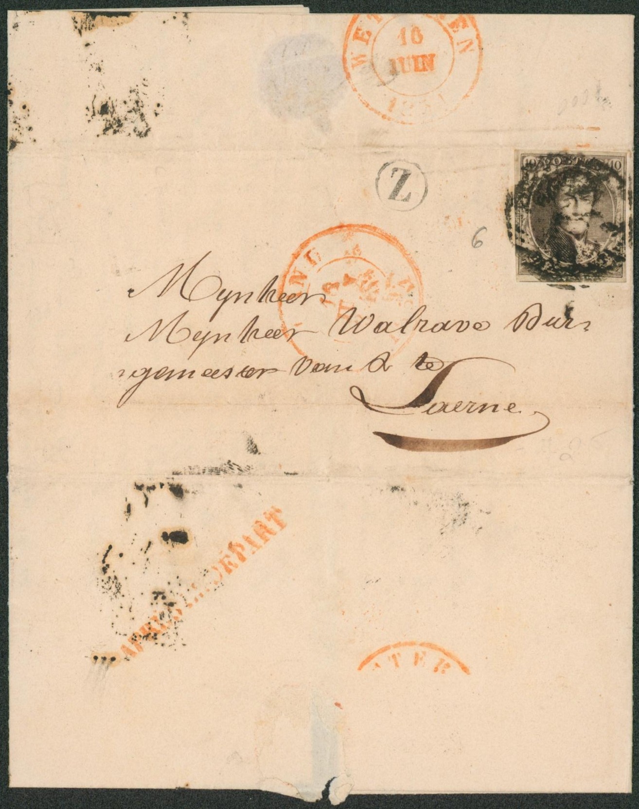 n°6 margé sur LAC obl P45 çàd Gand + boite rurale "Z" (Zeveneken) >  Laerne + griffe APRES LE DEPART (verso). TB
