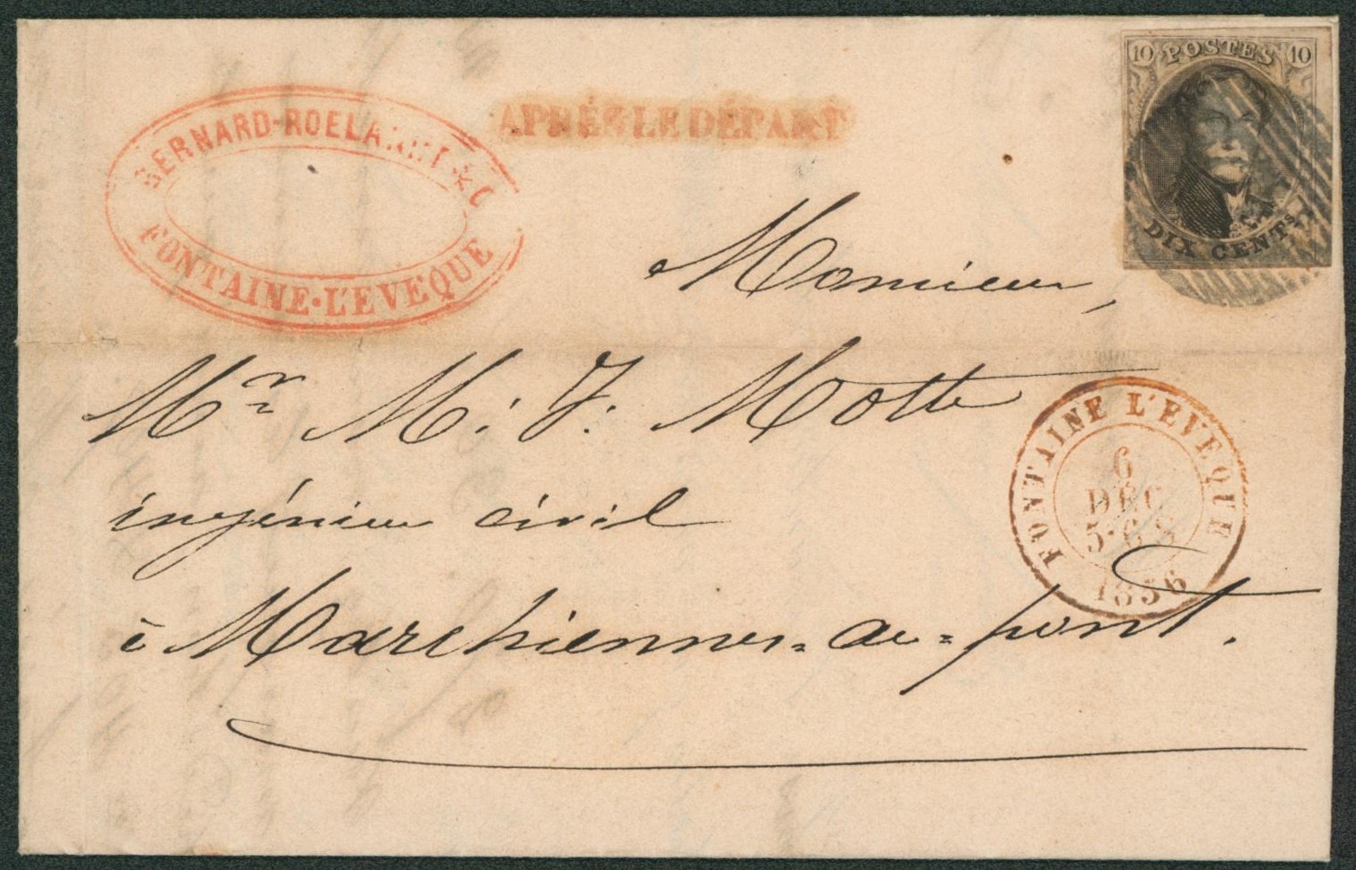n°6 au filet + BDF sur LAC obl P42 çàd Fontaine-l'évêque + griffe APRES LE DEPART > Marchienne-au-pont. TB