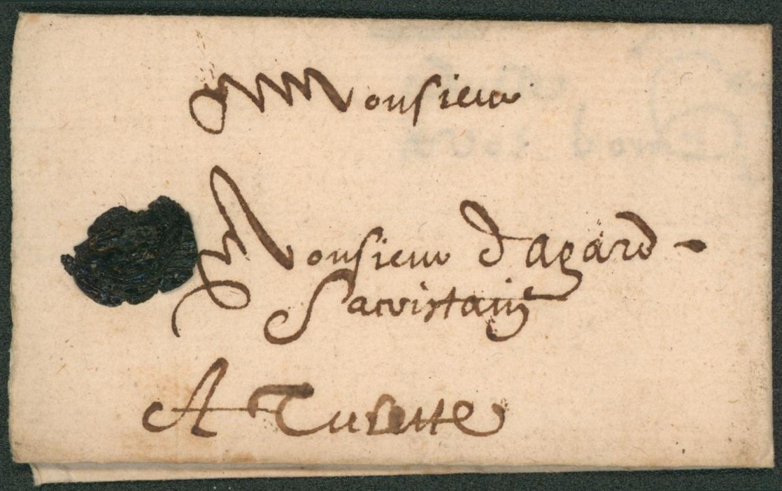 LAC daté de Embrun (1637) + croix de jérusalem en cire par transporteur (messager) > Turenne. TB état !