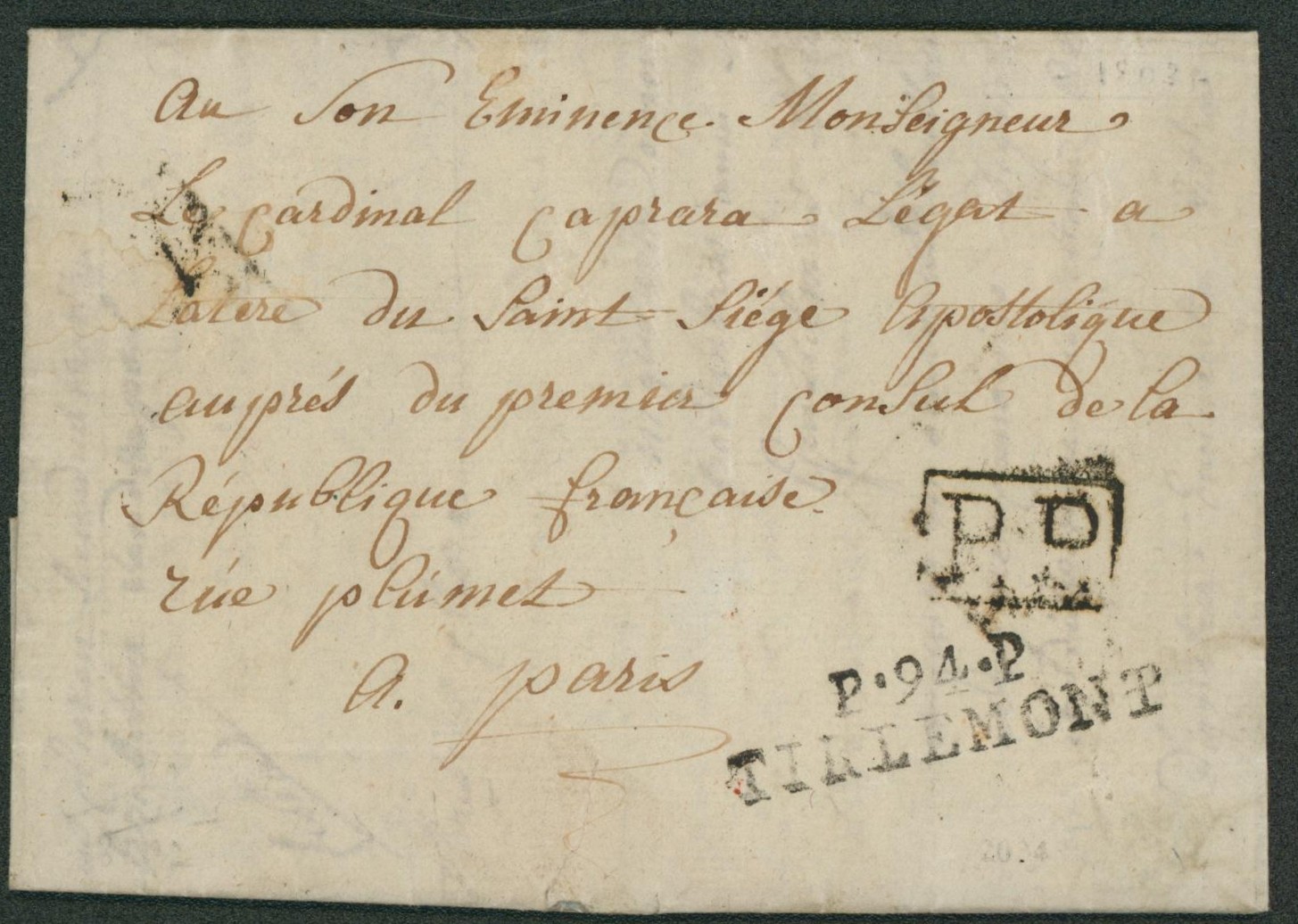 LAC non daté (texte en latin) + obl linéaire P94P / TIRLEMONT et encadré noir "P.P." > Paris, taxe au verso rectifiée.