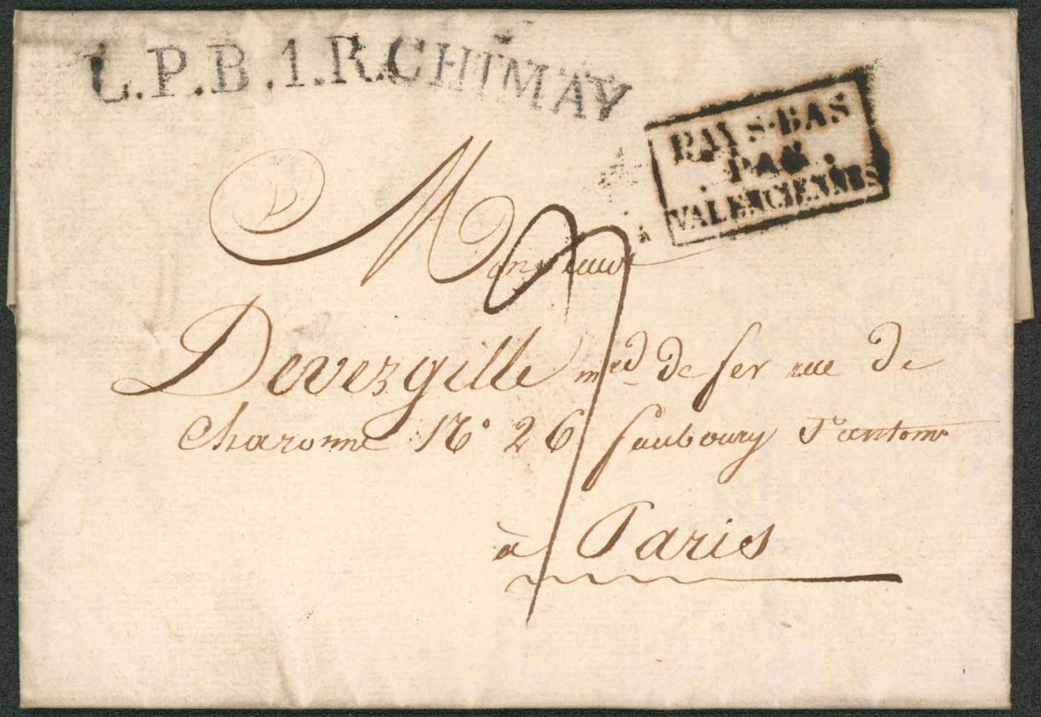 LAC datée de Chimay çàd obl linéaire L.P.B.1.R CHIMAY et encadré "Pays-bas par valenciennes" > Paris. Taxe manuscrite