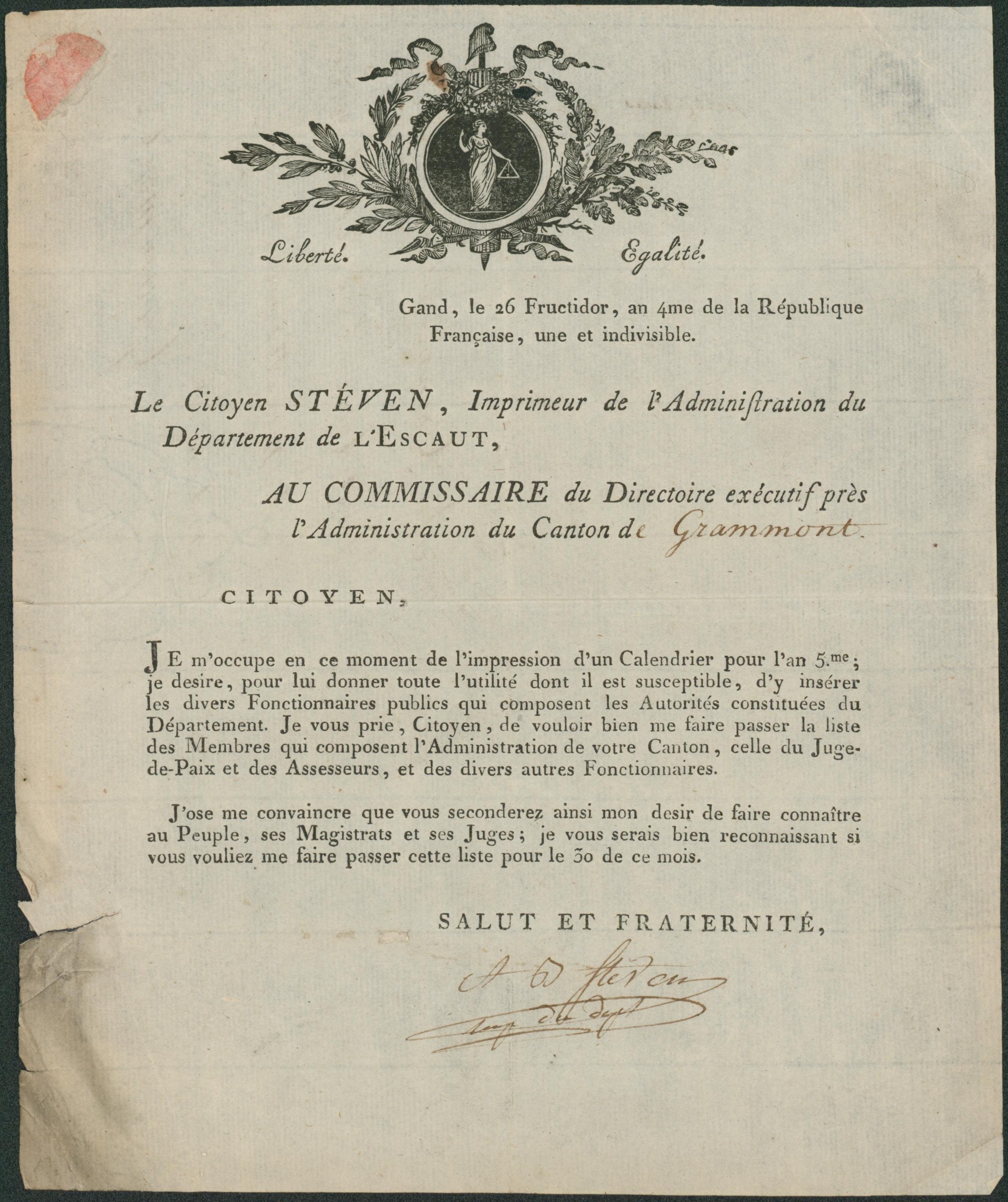 Lettre illustrée (liberté, égalité) de Gand 12/09/1796 > Grammont. Imprimeur de l'administration.