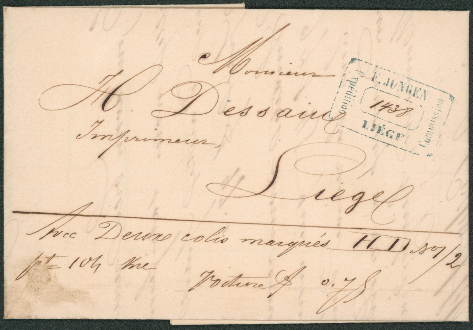 LAC daté de Huy (Papeteries J.L. Godin & fils) transit par barque çàd cachet privé > Liège (Imprimeur)