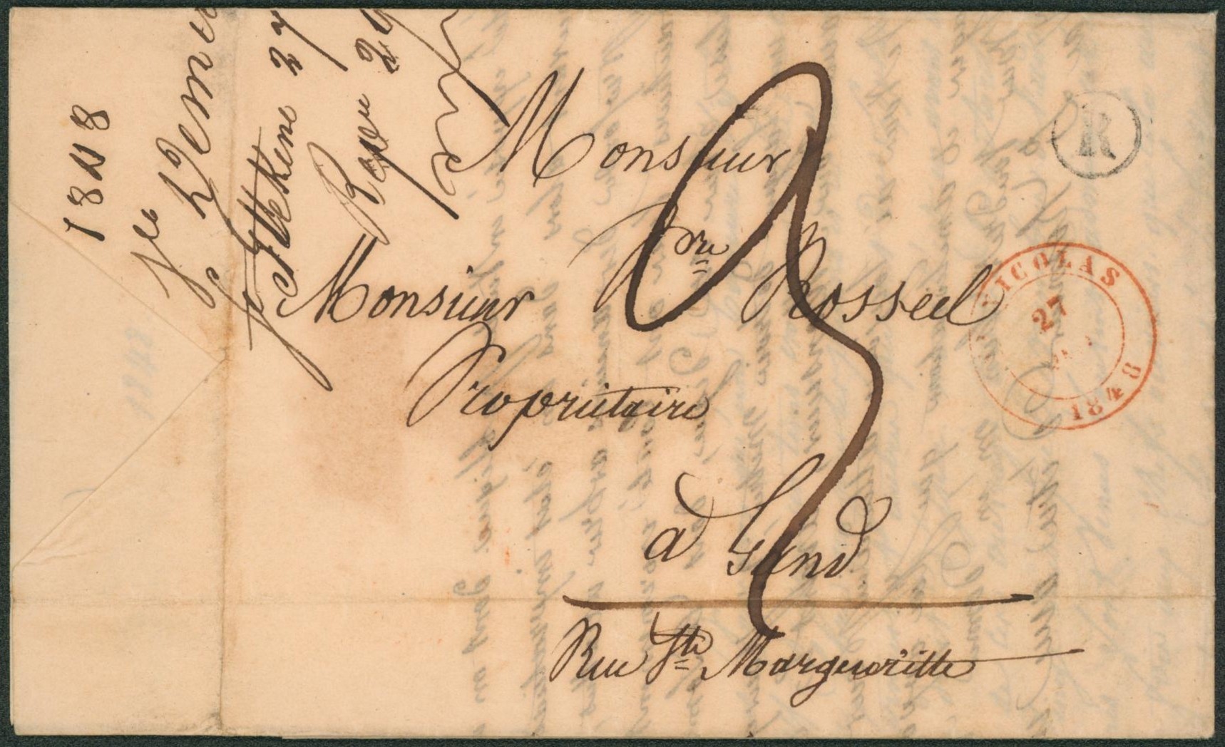 LAC daté de Stekene çàd boite rurale "R" + cachet dateur Saint-Nicolas (1848), port 3 décimes > Gand