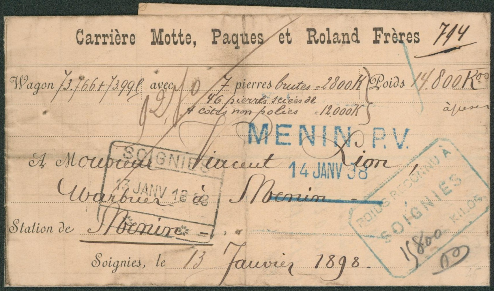 Facture à en-tête (daté de Soignies) çàd marchandises transportées par Wagon obl chemin de fer SOIGNIES > Menin.  TB