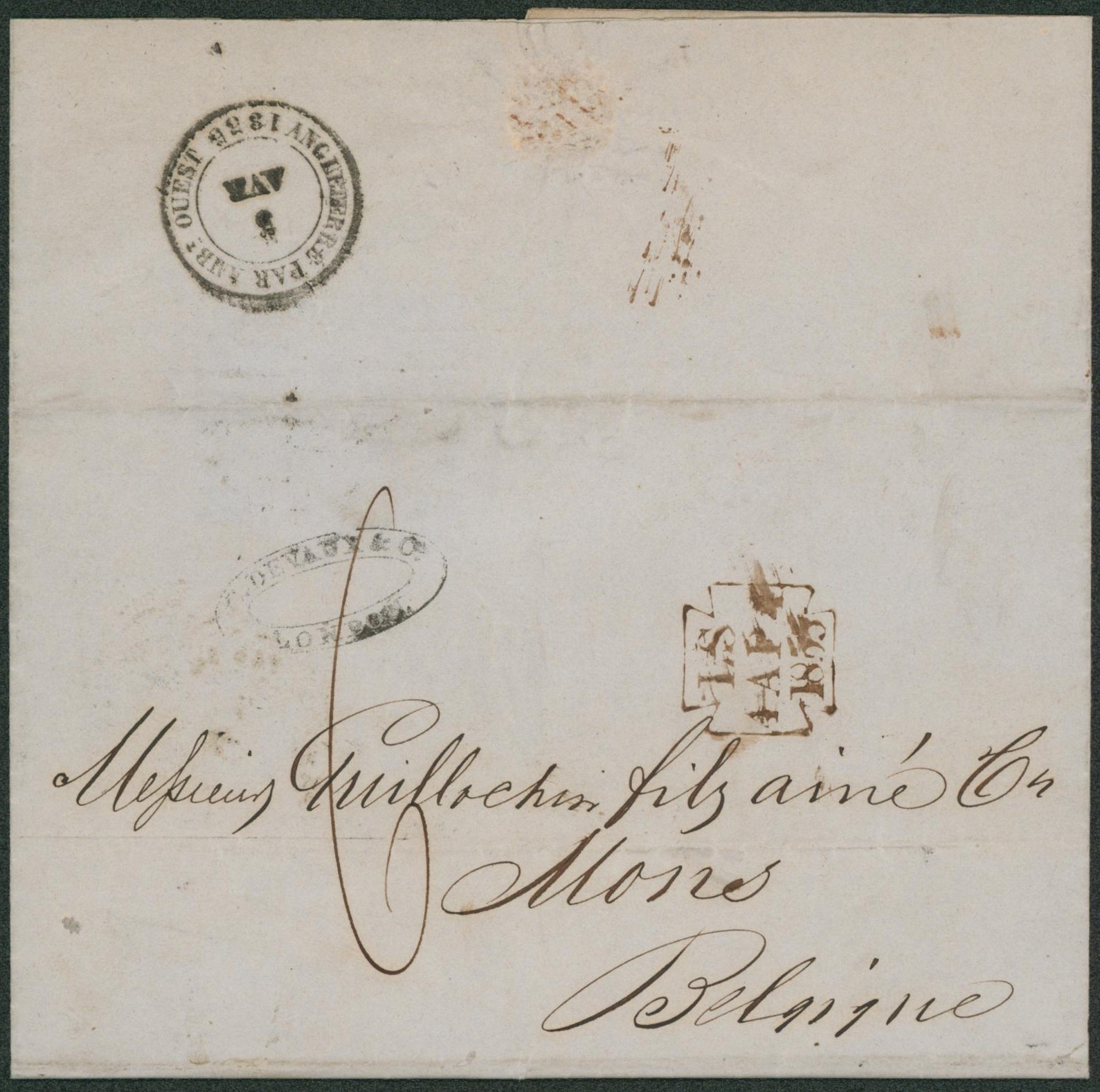 LAC non affranchie daté de Londres (1855, timbre fiscal à l'intérieur) + Croix de matle "LS", port 6 décimes et cachet de passage "Angleterre par Ambt Ouest" > Mons (Messieurs Guillochins, fils ainé). TB
