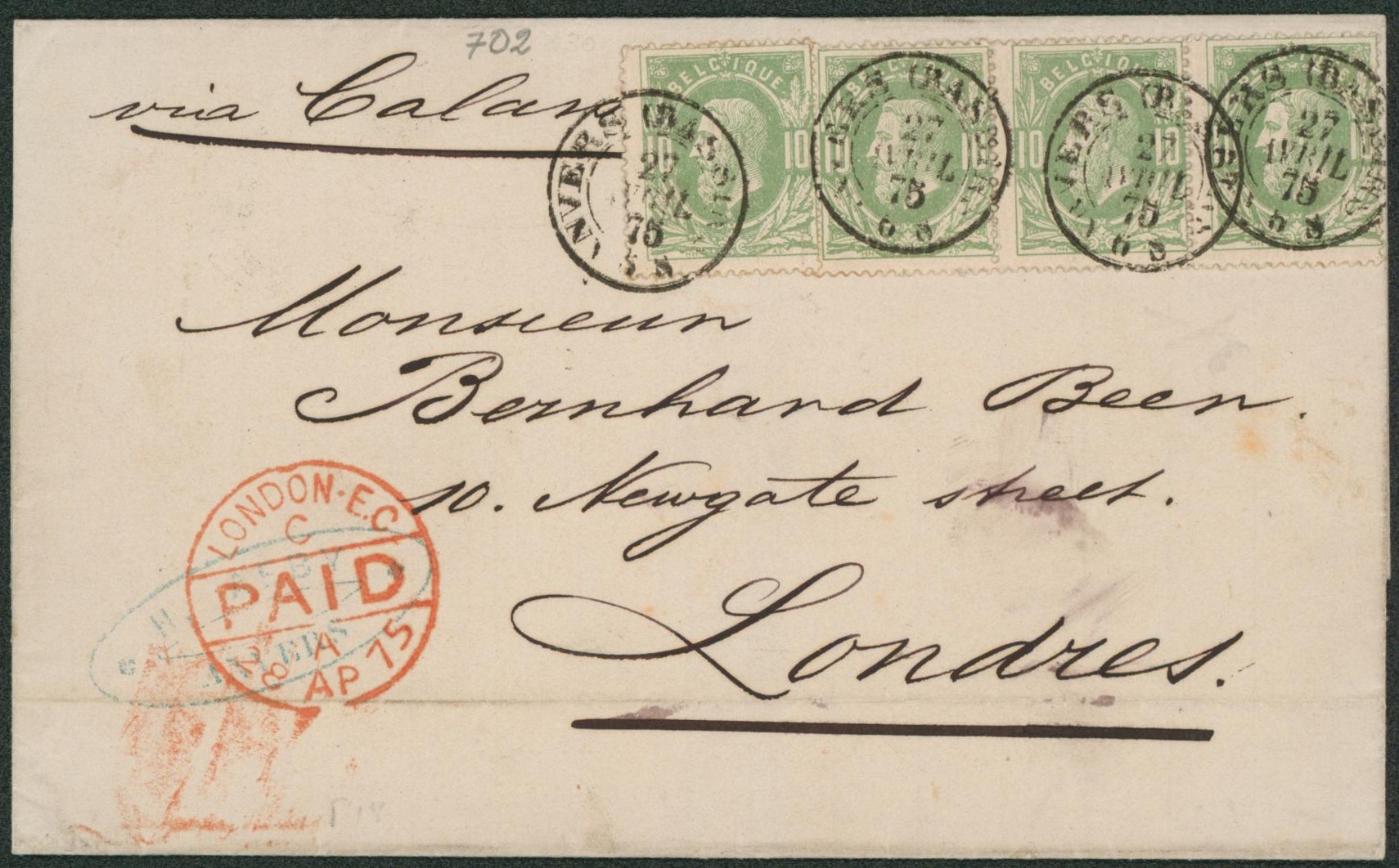 n°30 x4 (dont une bande de 3) sur LSC obl double cercle (DCb) "Anvers (bassins)" > Londres. Belle fraicheur, luxe !