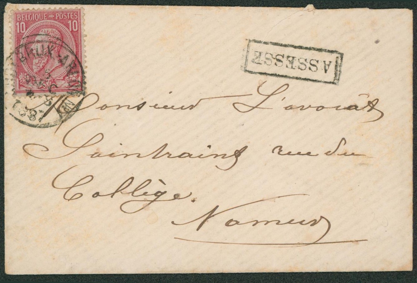 n°46 sur enveloppe obl ambulant "Ambt-Brux.Arlon n°1" + griffe encadrée ASSESSE > Namur