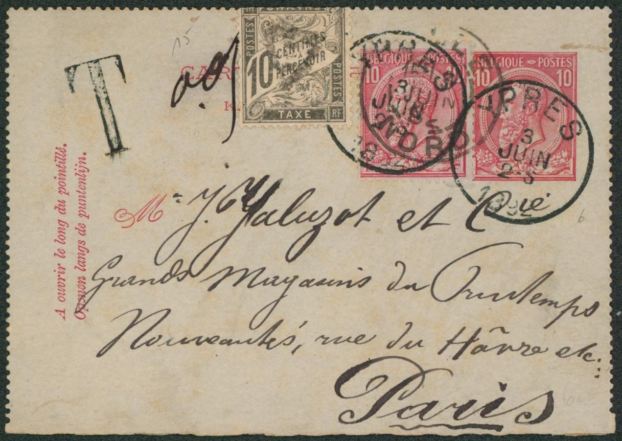 EP au type CL 10ctm rose (n°46) + n°46 expédié de Ypres > paris, taxé à 10ctm !
