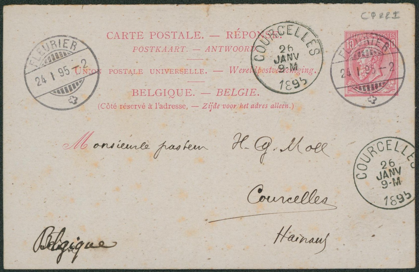 EP au type 10ctm rose (n°46, partie réponse) de Fleurier (Suisse) > Courcelles