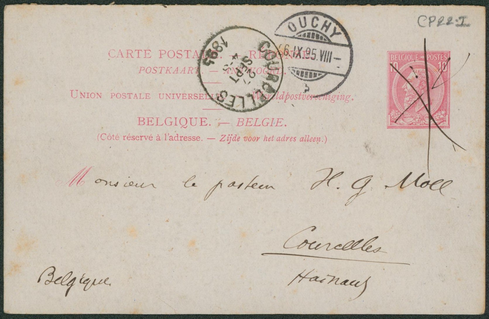 EP au type 10ctm rose (n°46, partie réponse) de Ouchy  (Suisse) > Courcelles