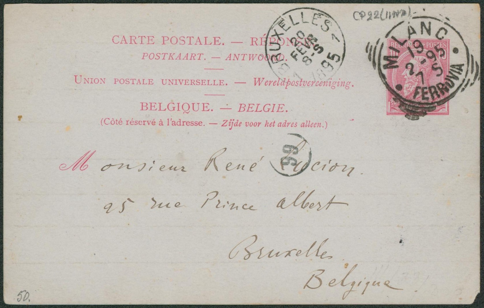EP aut ype 10ctm rose (n°46, partie réponse) de Milano (Italie) > Bruxelles