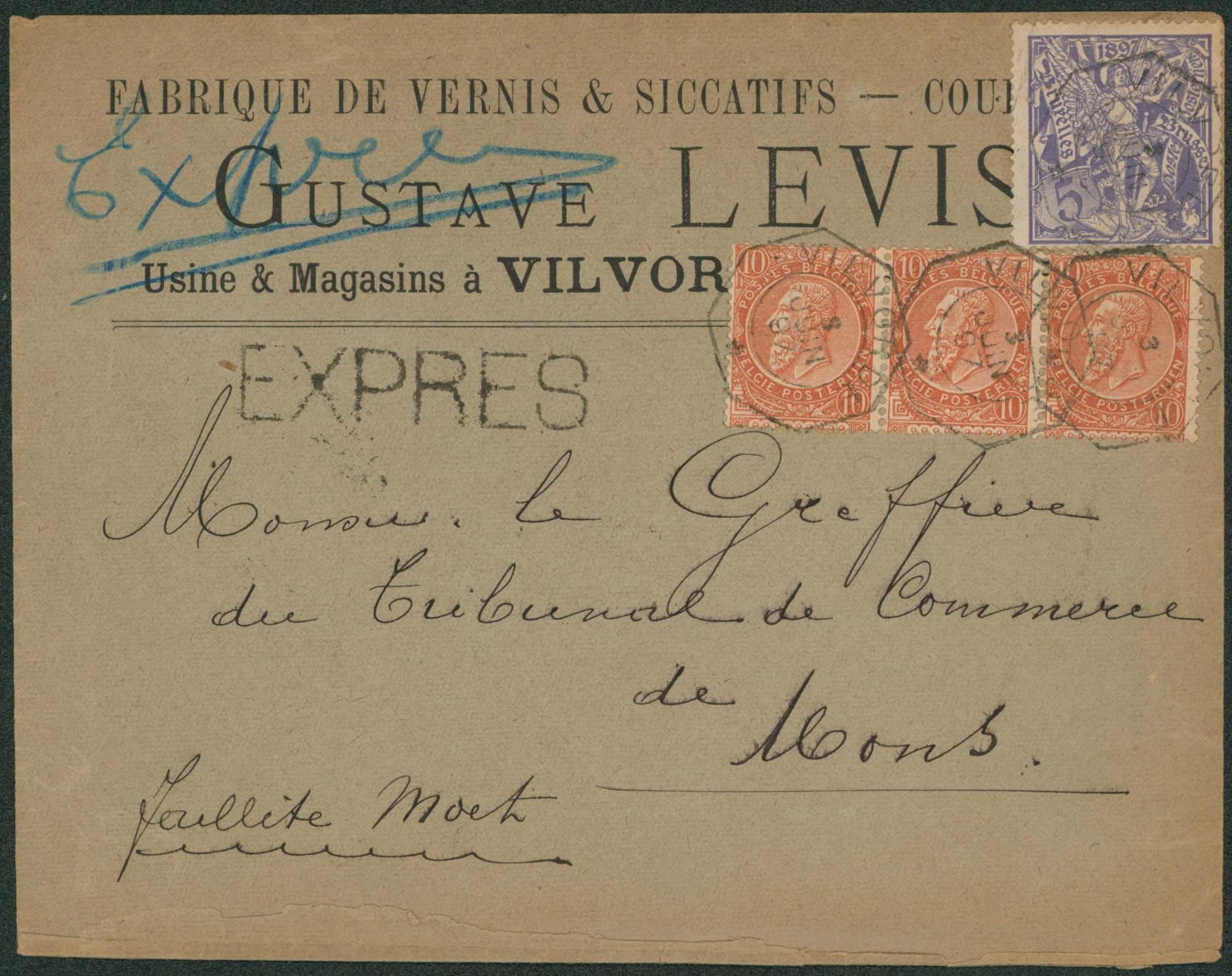 n°57 en bande de  + n°71 sur lettre à en-tête en expres çàd obl télégraphique Vilvorde > Mons