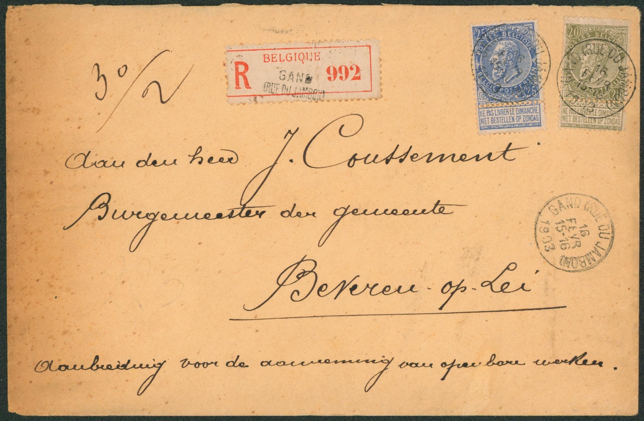 n°59/60 sur lettre en recommandé (double port) de Gand > Beveren-op-Lei