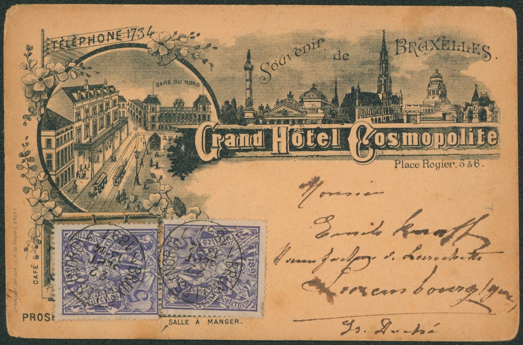 n°71 x2 sur CP illustrée "Grand hotel cosmopolite, souvenir de Bruxelles" > Luxembourg-gare (Gd. Duché).
