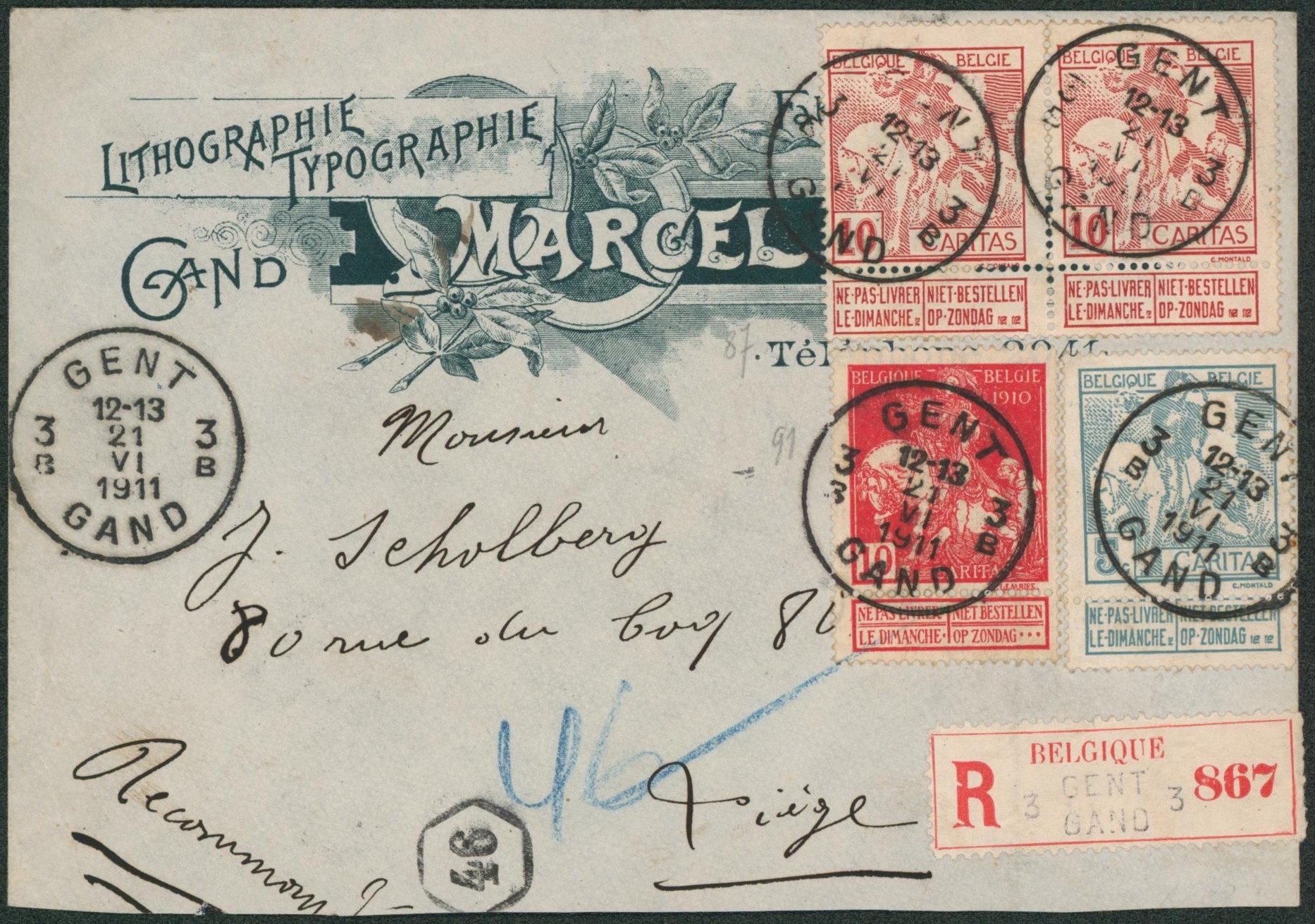 Affranch. Caritas sur lettre en recommandé de Gent / Gand > Liège. TB