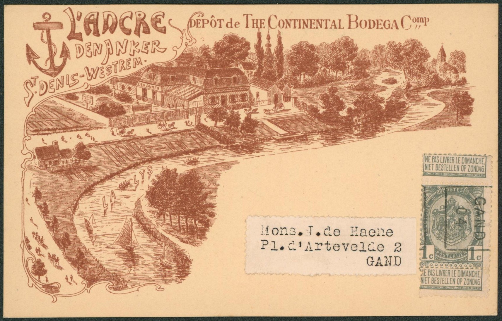 n°53 + préo "Gand 04" sur CP illustrée (l'ancre dépôt de the continental bodega, St-Denis-Westrem) > Gand