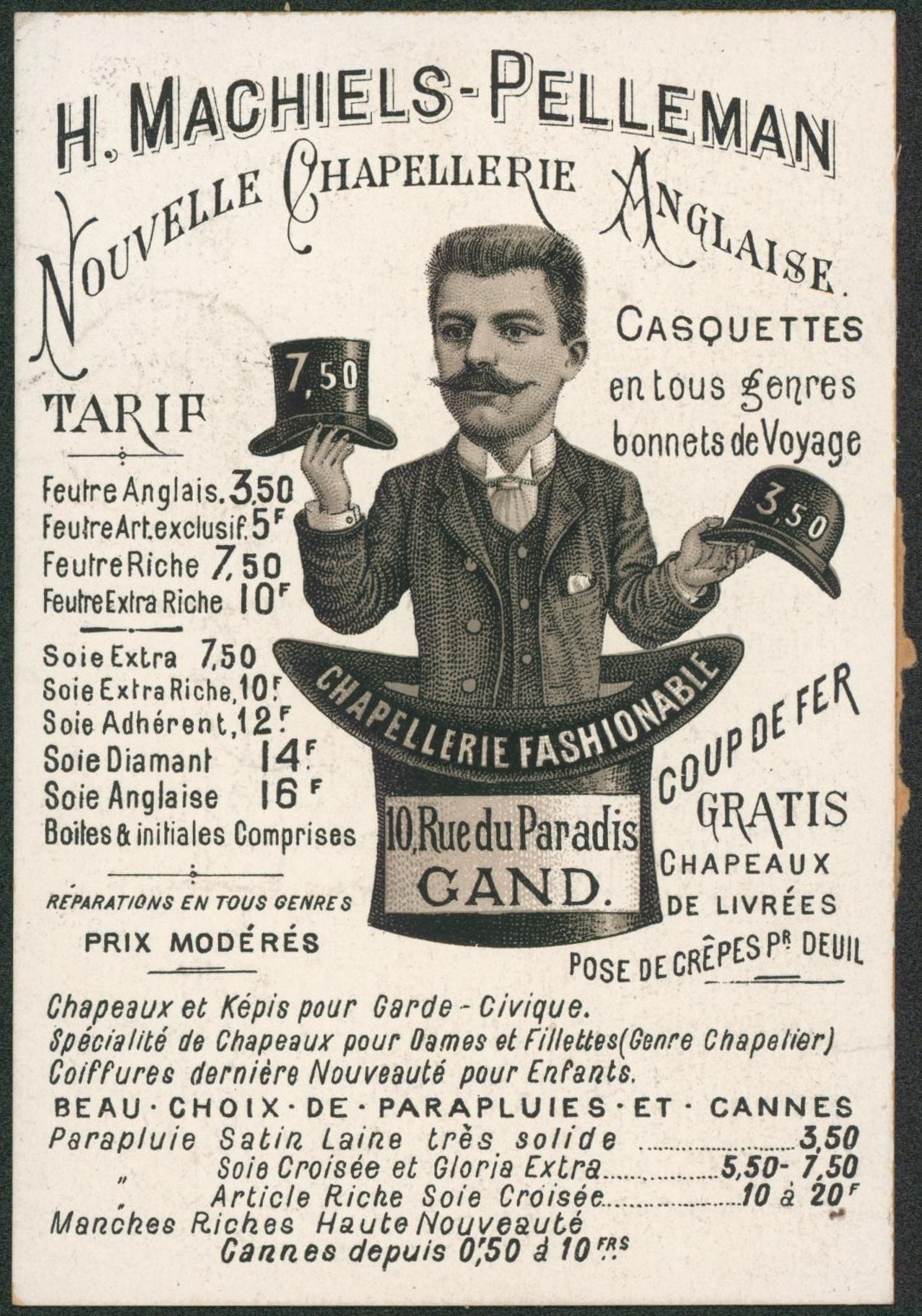 n°53 sur CP illustrée "H. Machiels-Pelleman, nouvelle chapellerie Anglaise" (Gand) > La ville