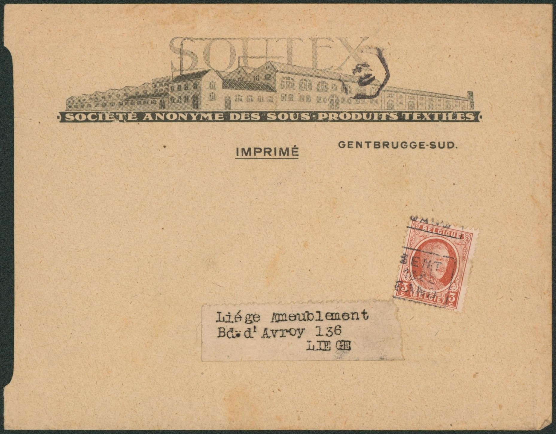 n°192 préo "Gent 1922 Gand" sur lettre illustrée (SOUTEX, S.A. textiles) > Liège