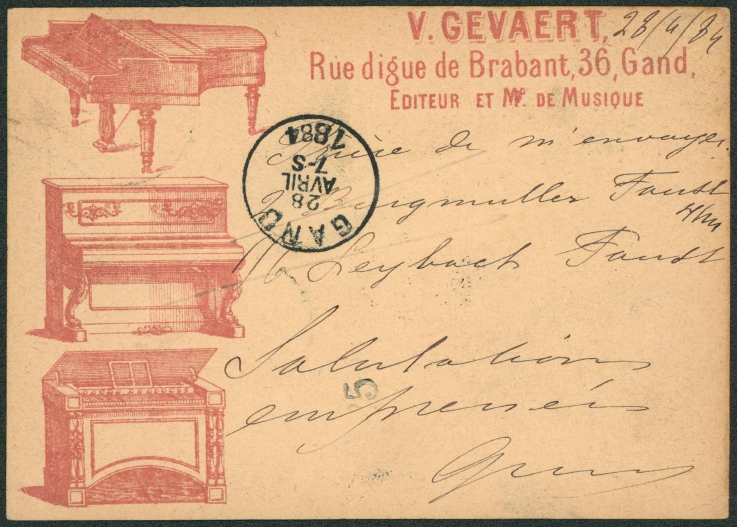 EP au type 5ctm vert expédié de Gand (station) > Liège. Verso repiquage "V. Gevaert, pianos, musiques". TB