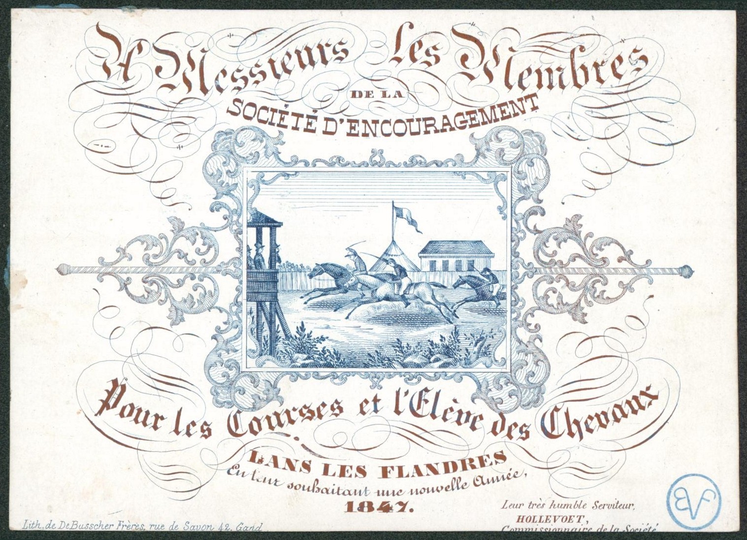 Carte en porcelaine "Société d'encouragement pour les courses et l'élève des chevaux dans les flandres" (Gand).