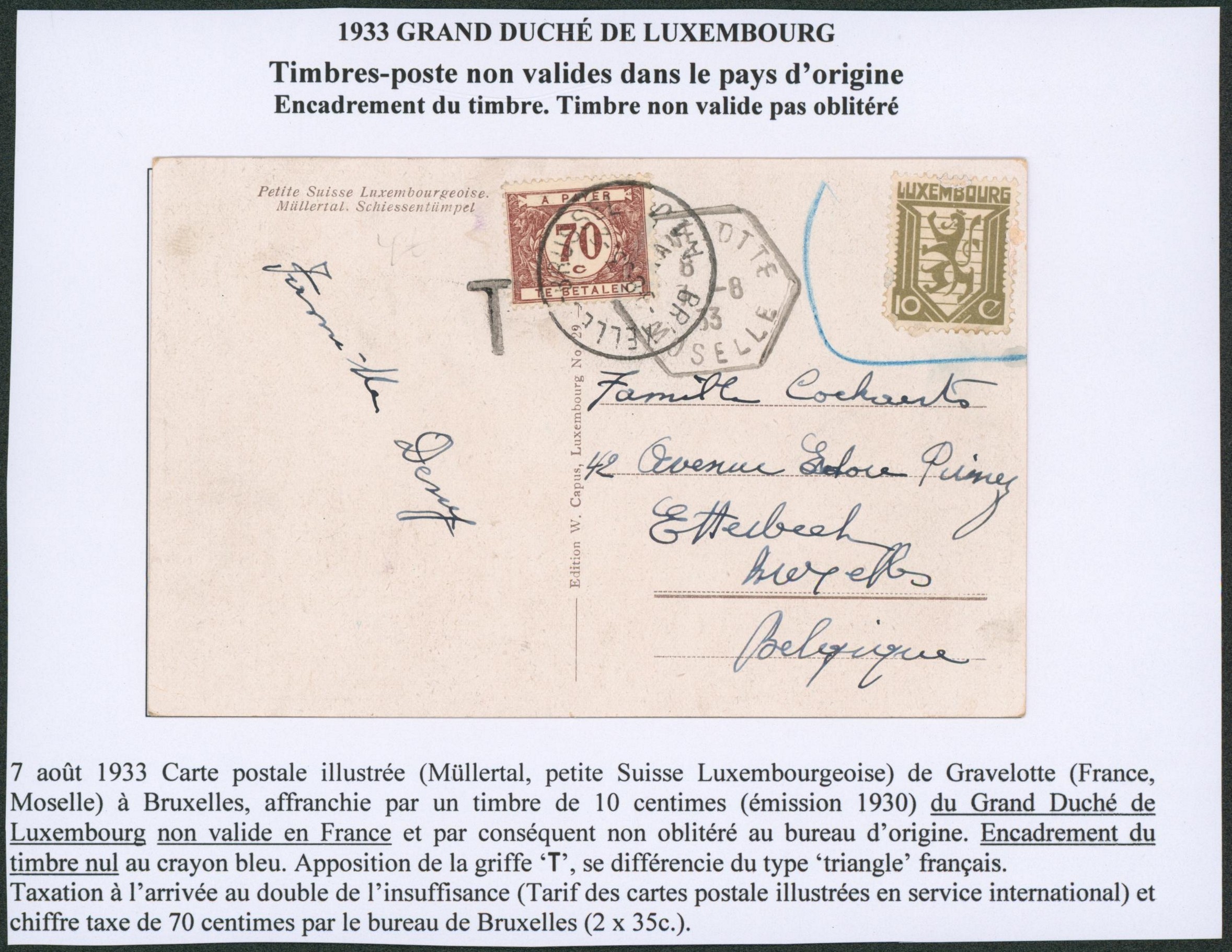 Carte vue (Petit suisse luxembourgeoise) affranchie au Luxembourg mais posté en France çàd Gravelotte. Timbre non valide en France > Etterbeek, taxé à 70ctm.