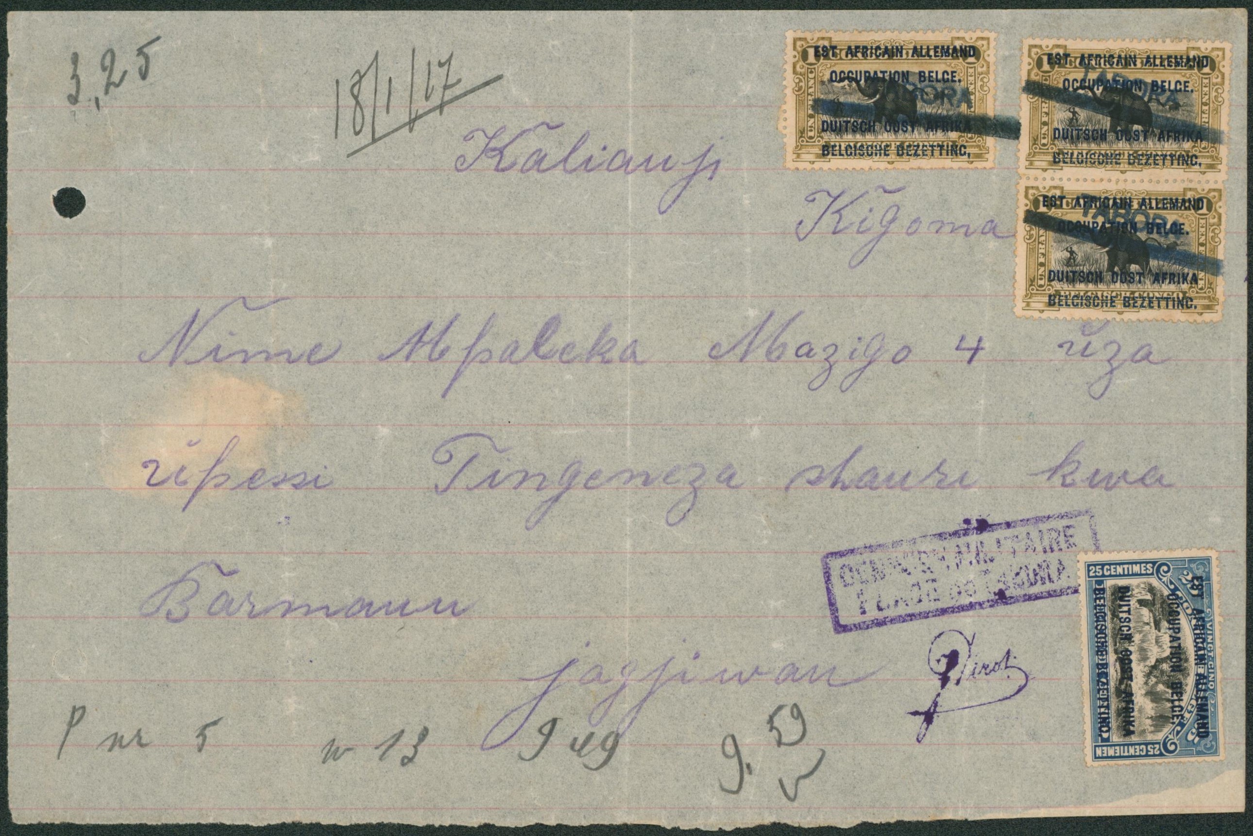 Ruanda-Urundi - n°31 et 34 x3 sur télégramme annulé par un gros trait noir TABORA (seulement les 3 n°34 ont été annulés) soit 13 mots à 25c = 3,25Frs. Censure militaire place de tabora. Rare et TB.