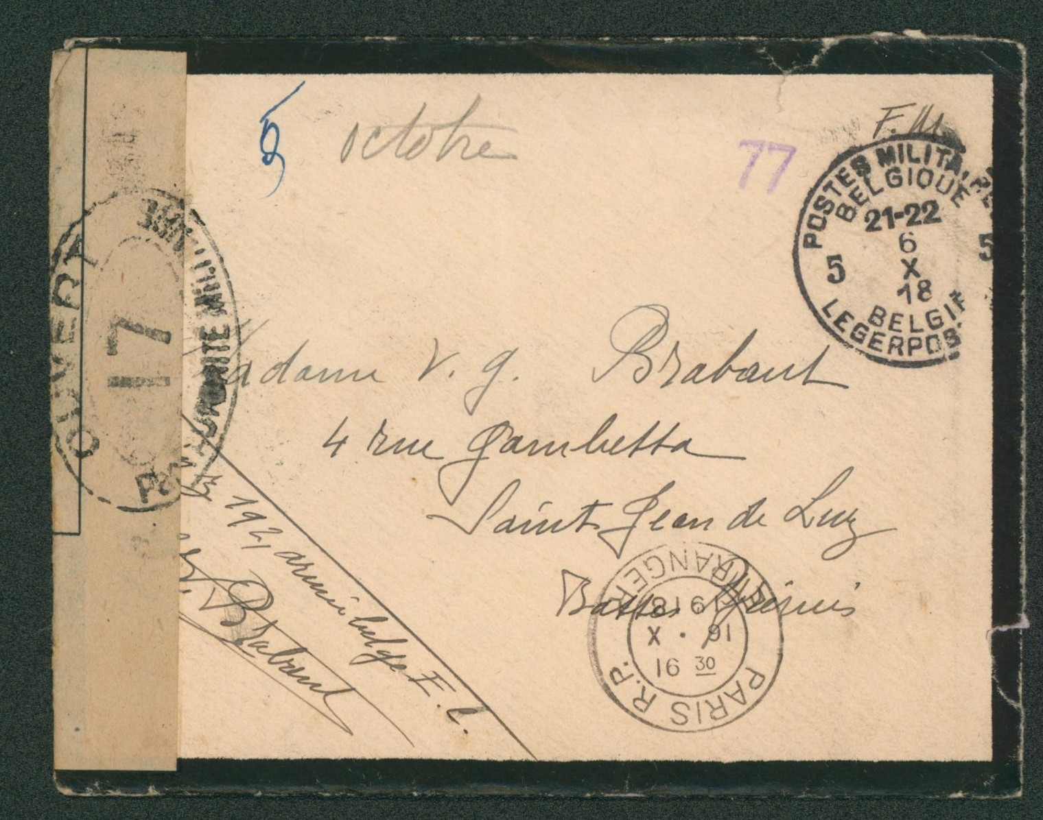 Enveloppe avec contenu expédié en S.M. obl P.M.B. 5 (6/10/18) > Saint jean de luz + bandelette contrôle postale militaire.