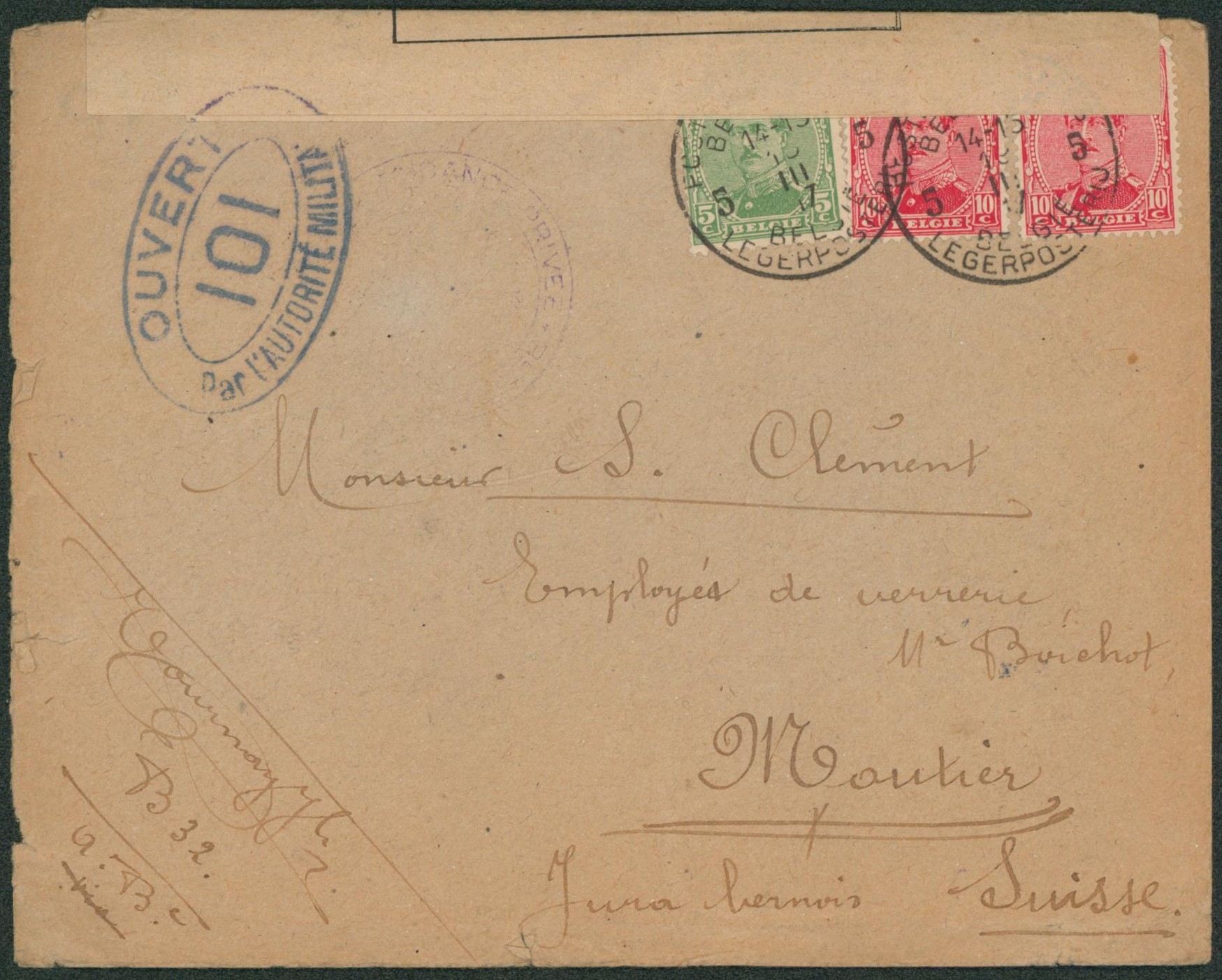 Albert I - n°137 et 138 x2 sur lettre obl P.M.B. 5 (1917) + bandelette de censure via P.M.B. 4 > employé de verrerie à Moutier (Suisse).