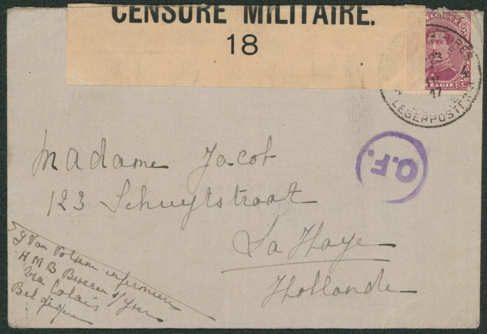 Albert I - n°140 sur lettre obl P.M.B. (1917) + bandelette de censure 18 et censure C.F. > La Haye (H.M.B. , infirmière)