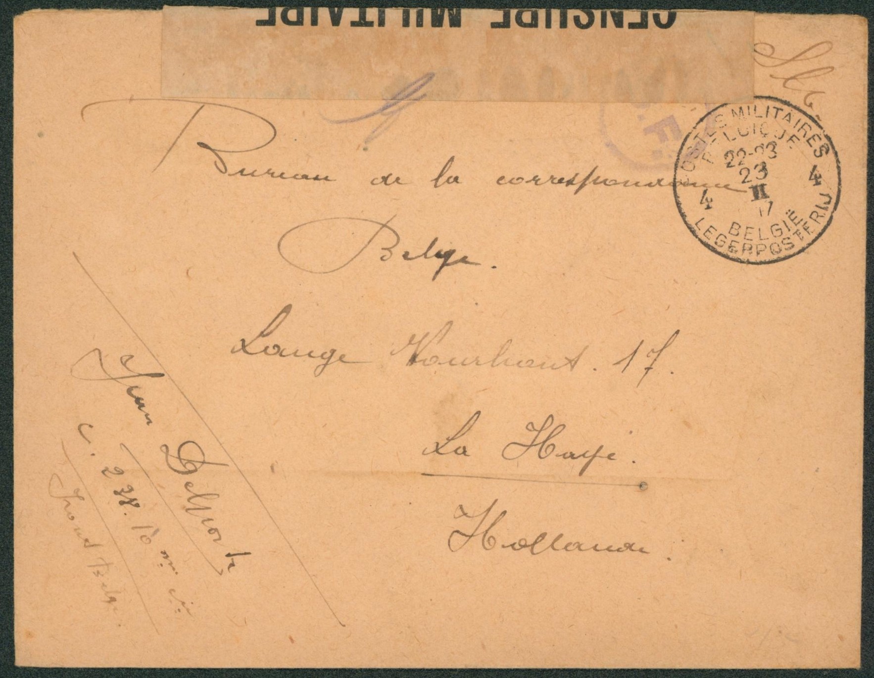 Lettre en S.M. obl P.M.B. 4 + bandelette de censure 21 et censure C.F. > La Haye / Front Belge.