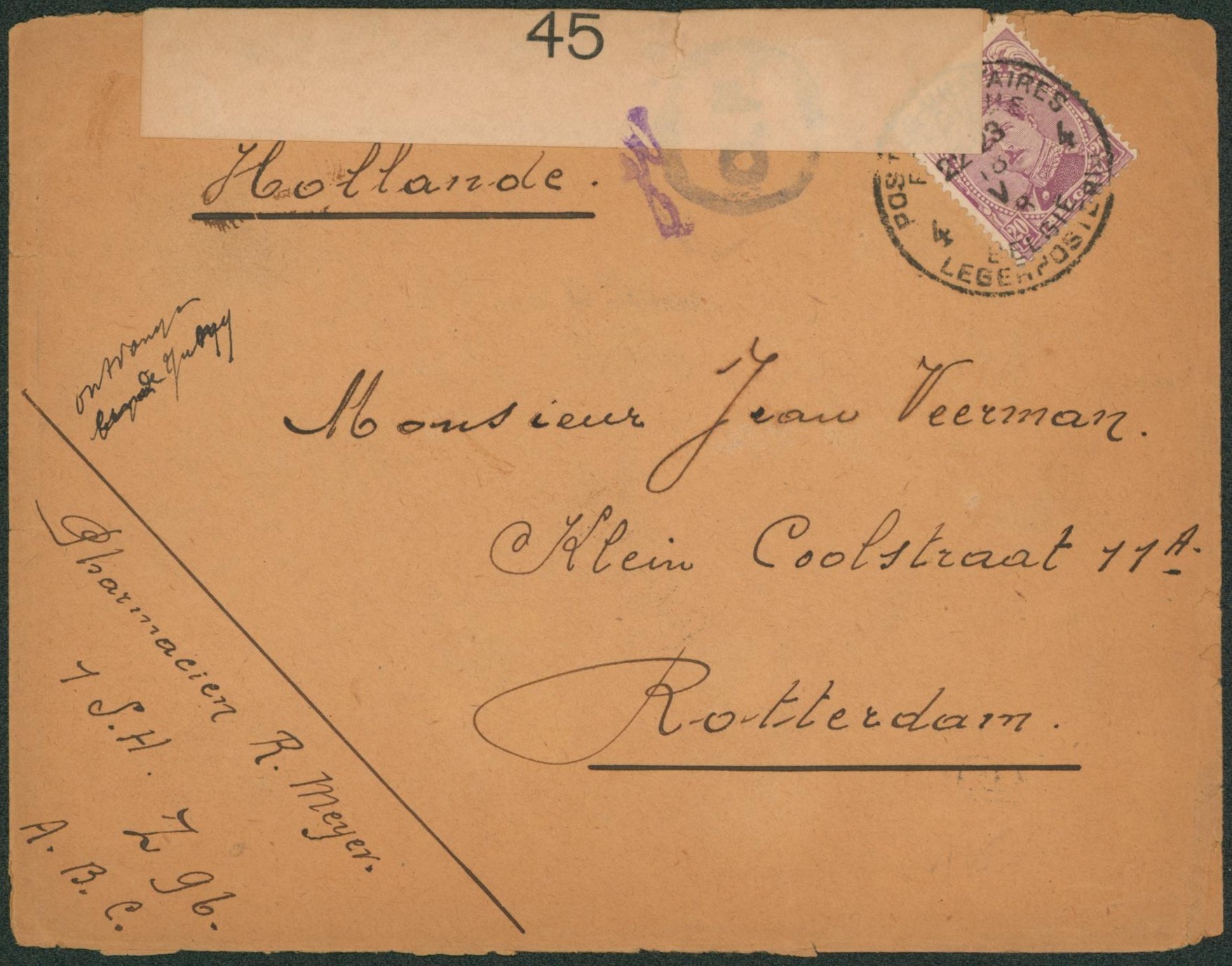 Albert I - n°140 sur lettre obl P.M.B. 4 (1918) + bandelette de censure 45 et censure C.F. > Rotterdam (Hollande, pharmacien)