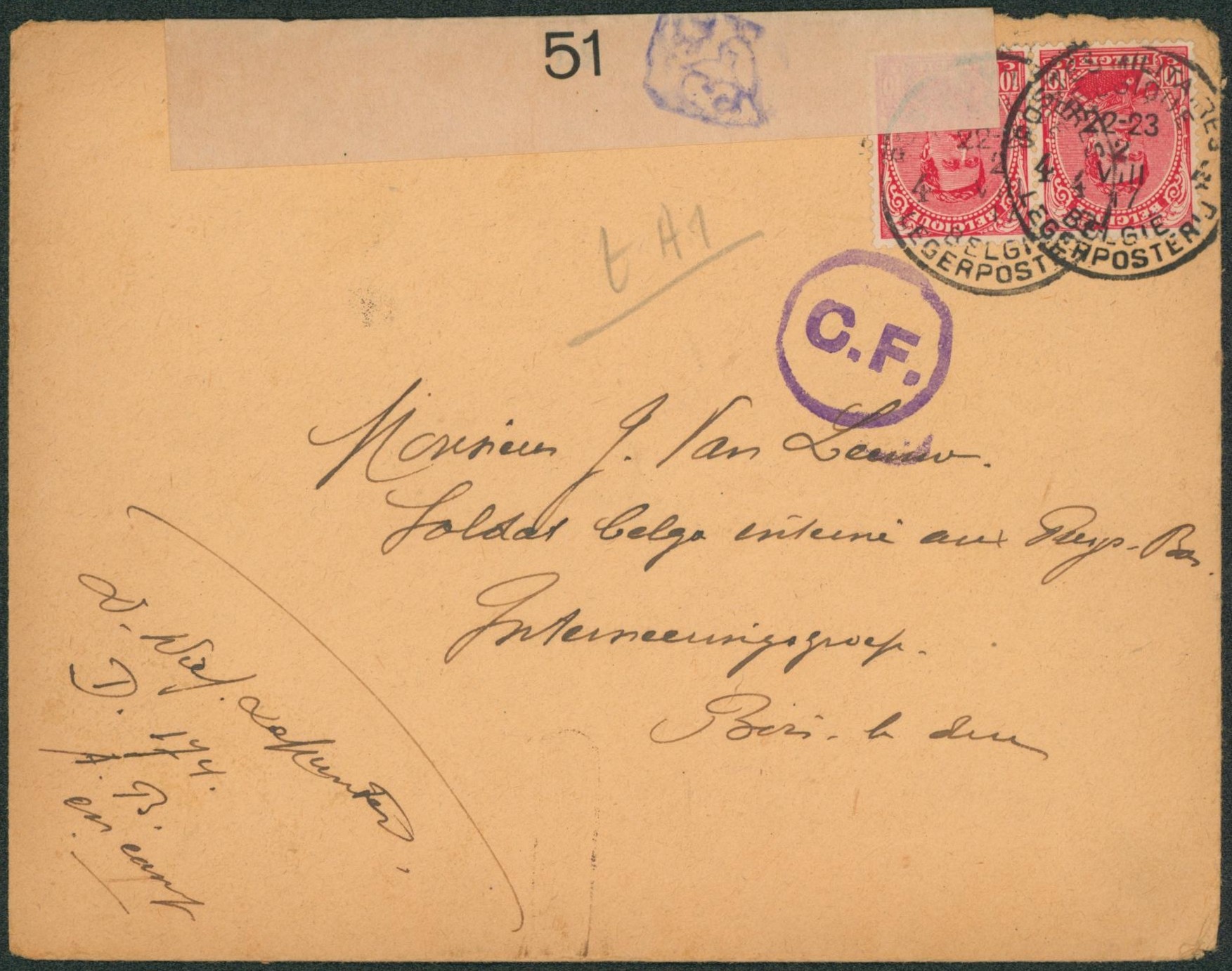 Albert I - n°138 x2 sur lettre obl P.M.B. 4 (1917) + bandelette de censure 51 et censure C.F. > Soldat belge interné aux Pays-Bas à Bois le duc.