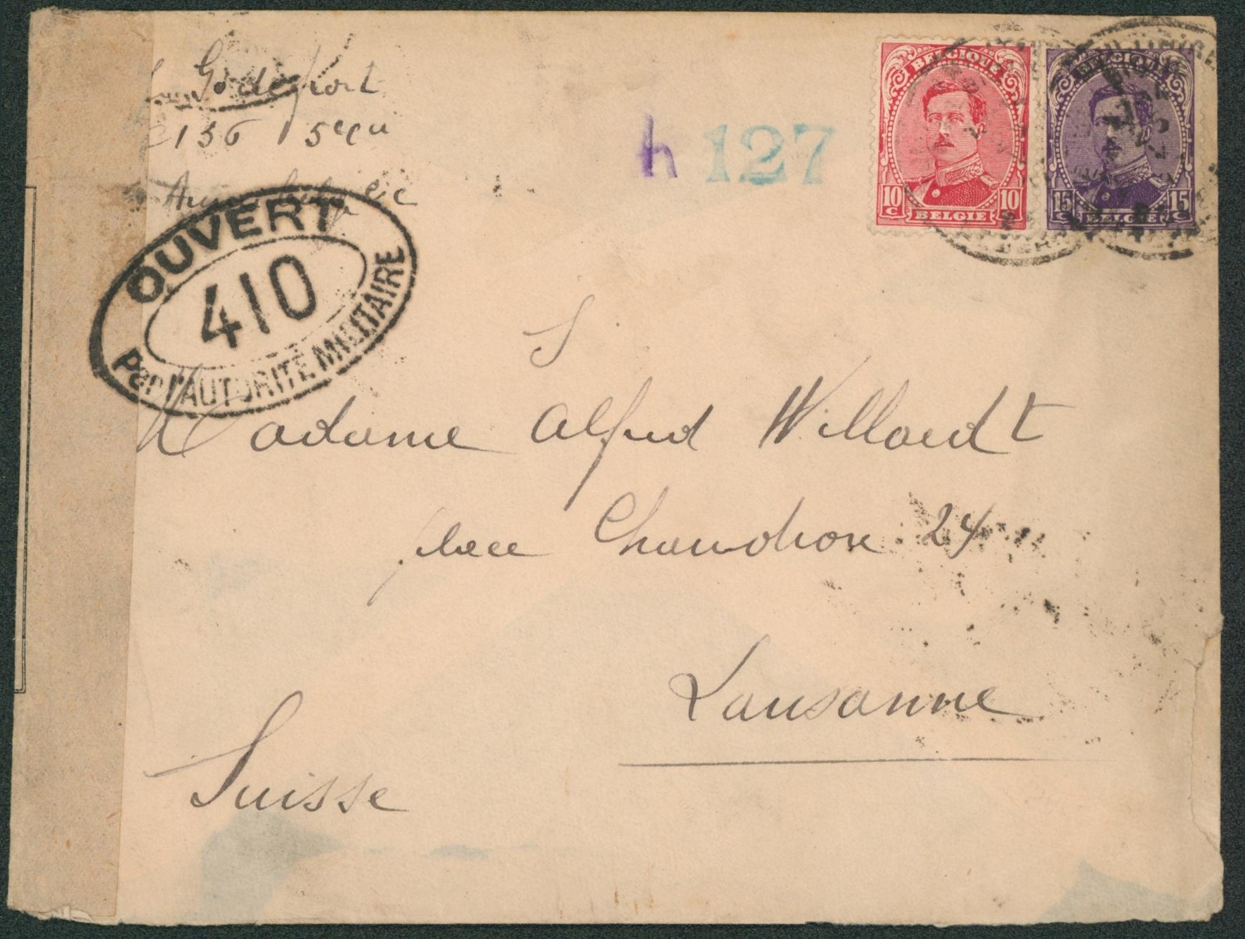 Albert I - n°138 et 139 sur lettre obl P.M.B. (1917) + bandelette de censure 127 et contrôle postale (France) > Lausanne (Suisse).