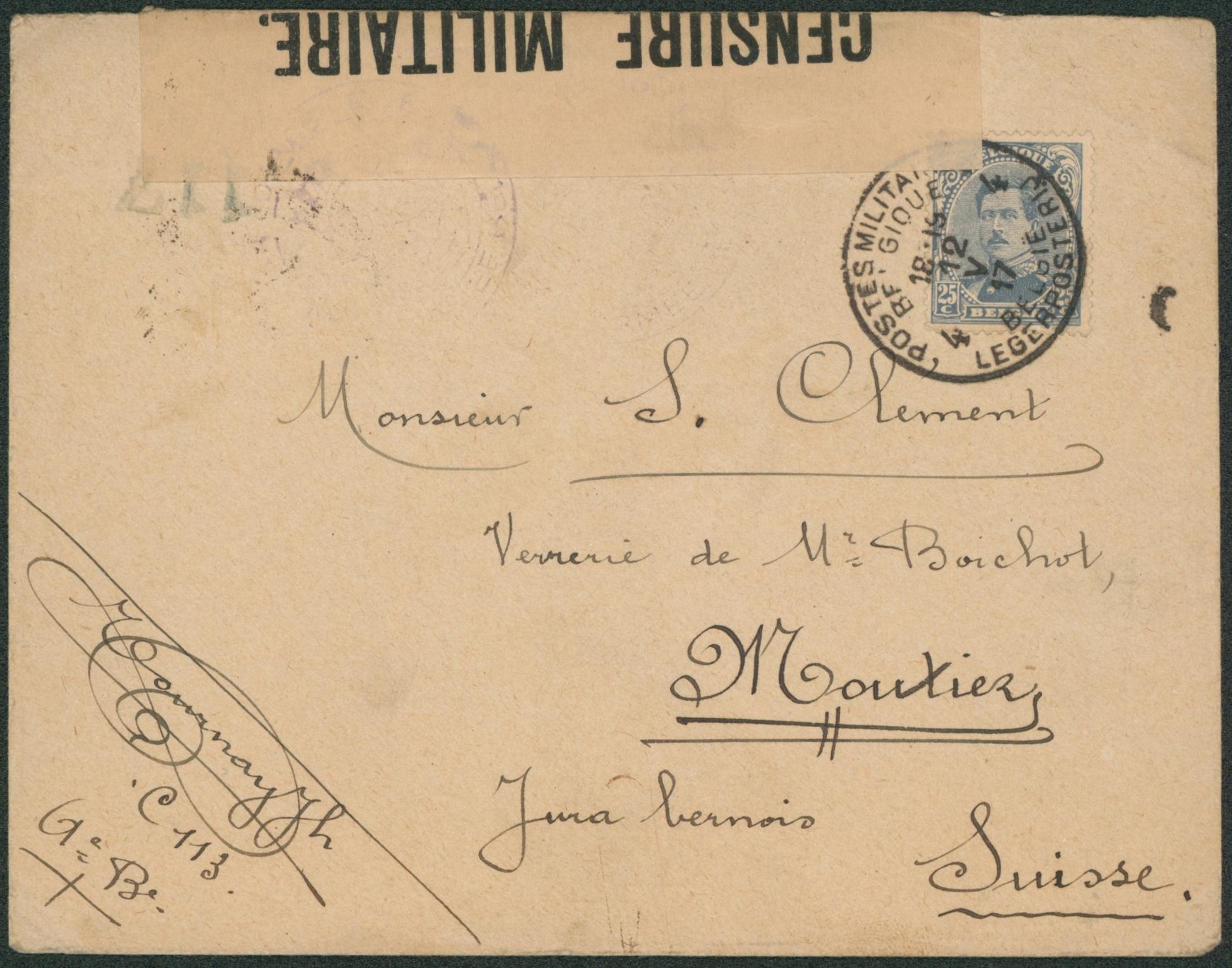 Albert I - n°141 sur lettre obl P.M.B. 4 (1917) + bandelette de censure 117 > Moutier (Suisse), verrerie.