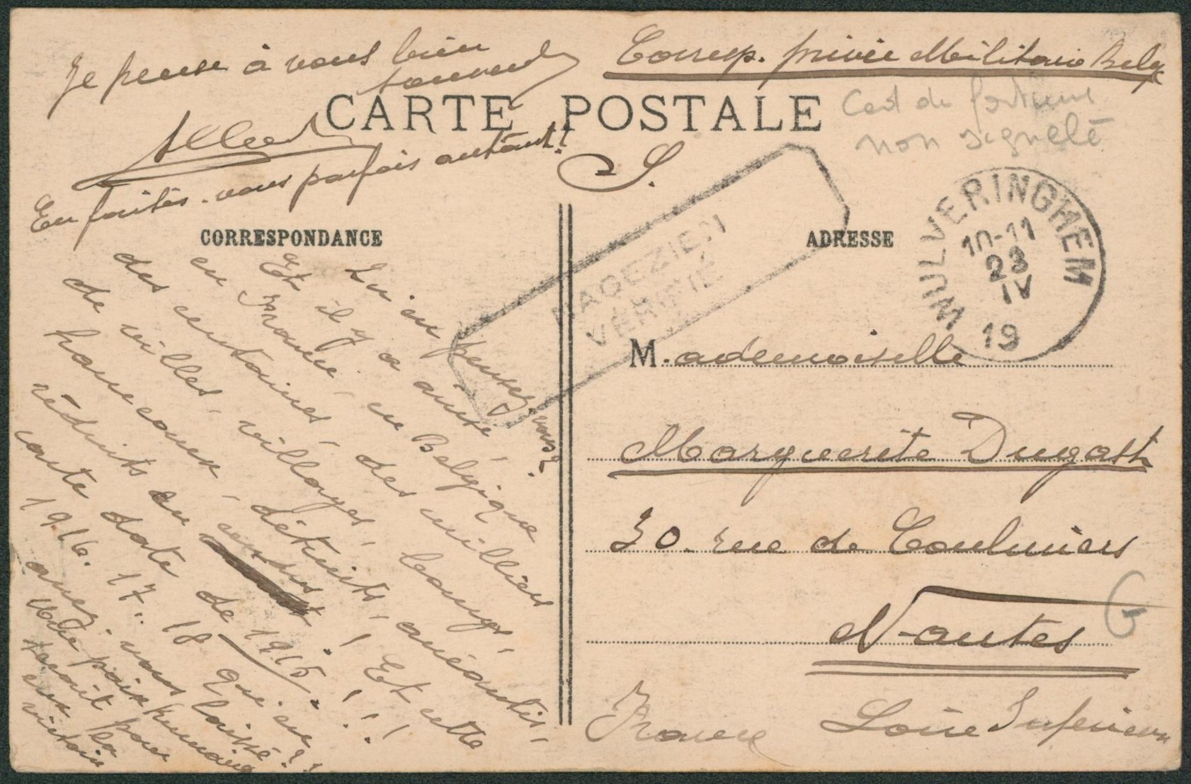 Fortune - CP correspondance privée militaire belge + griffe VERIFIE (bilingue) de Wulveringhem > Nantes (France).