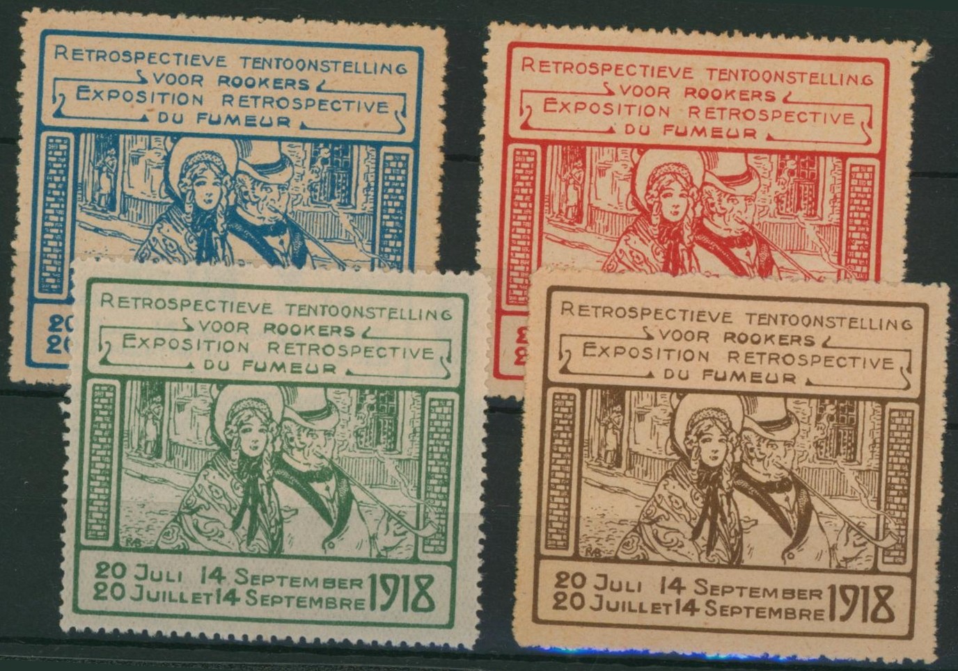 Erinnophilie - Ensemble de 4 vignettes Exposition retrospective du fumeur / Retrospectieve tentoonstelling voor rookers (1918)