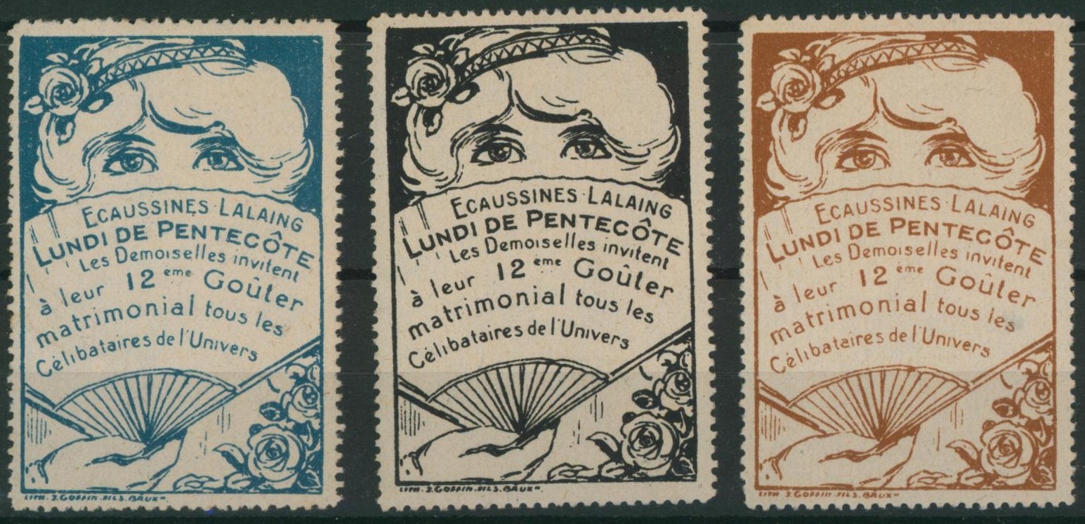 Erinnophilie - Ensemble de 3 vignettes "écaussines-Lalaing, lundi de pentecôte, les demoiselles invitent tous les célibataires de l'univers" (éventail).