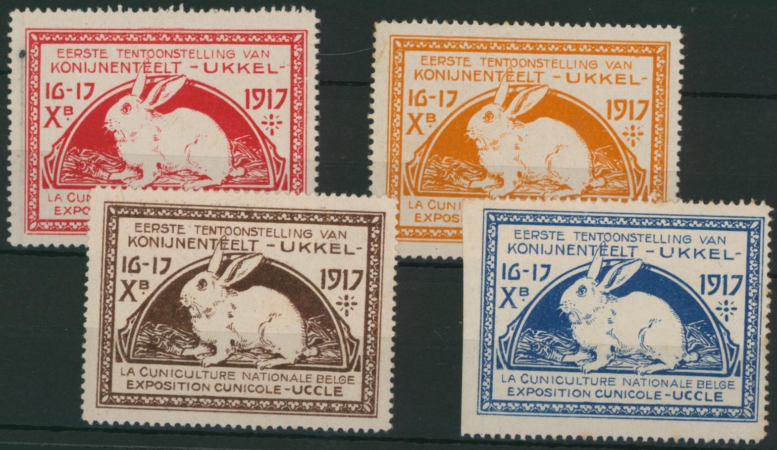 Erinnophilie - ensemble de 4 vignettes Eerste tentoonstelling van konijnenteelt (Ukkel, Uccle), cuniculture nationale belge.