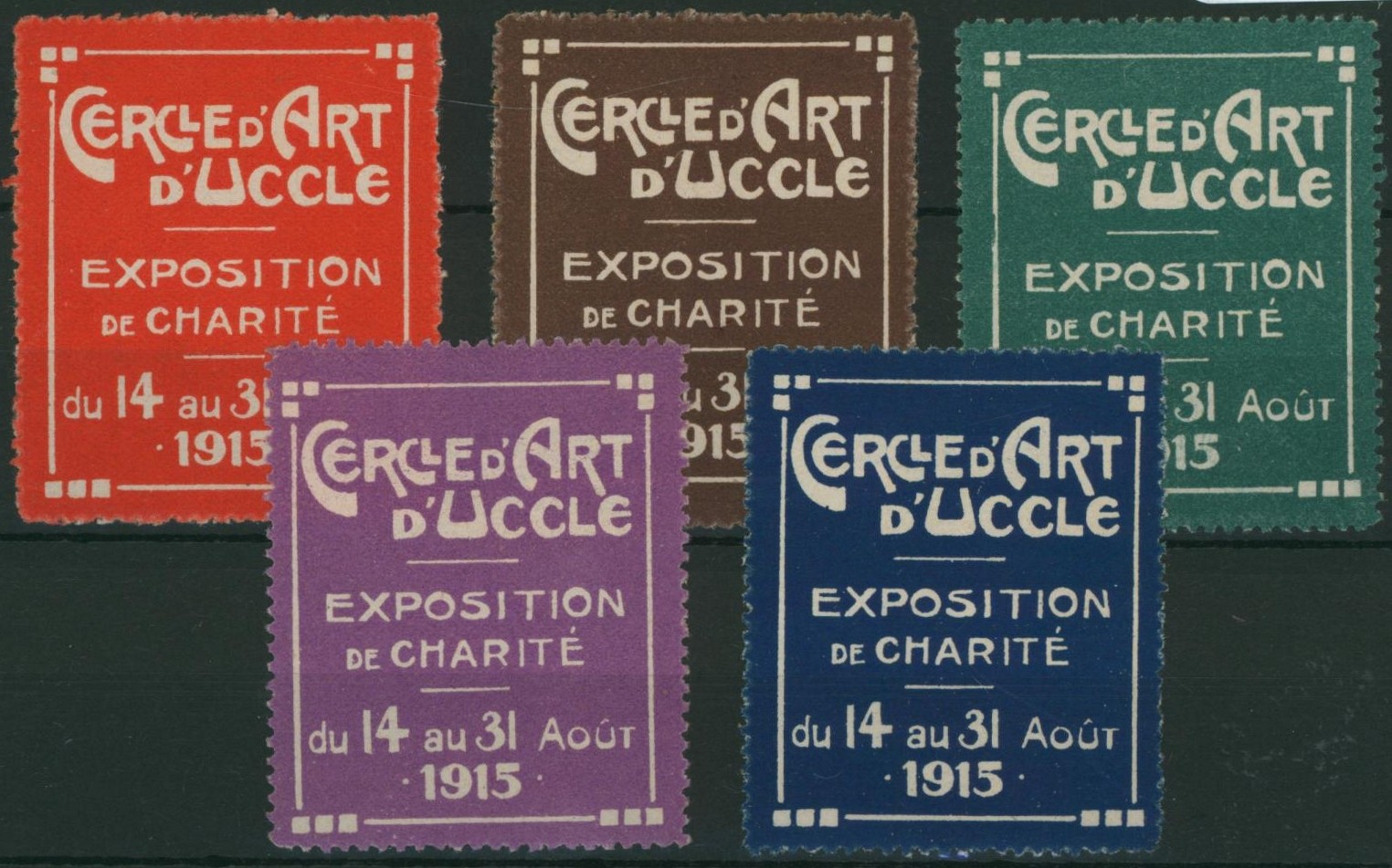 Erinnophilie - ensemble de 5 vignettes "Cercle d'art d'Uccle" exposition de charité (1915)