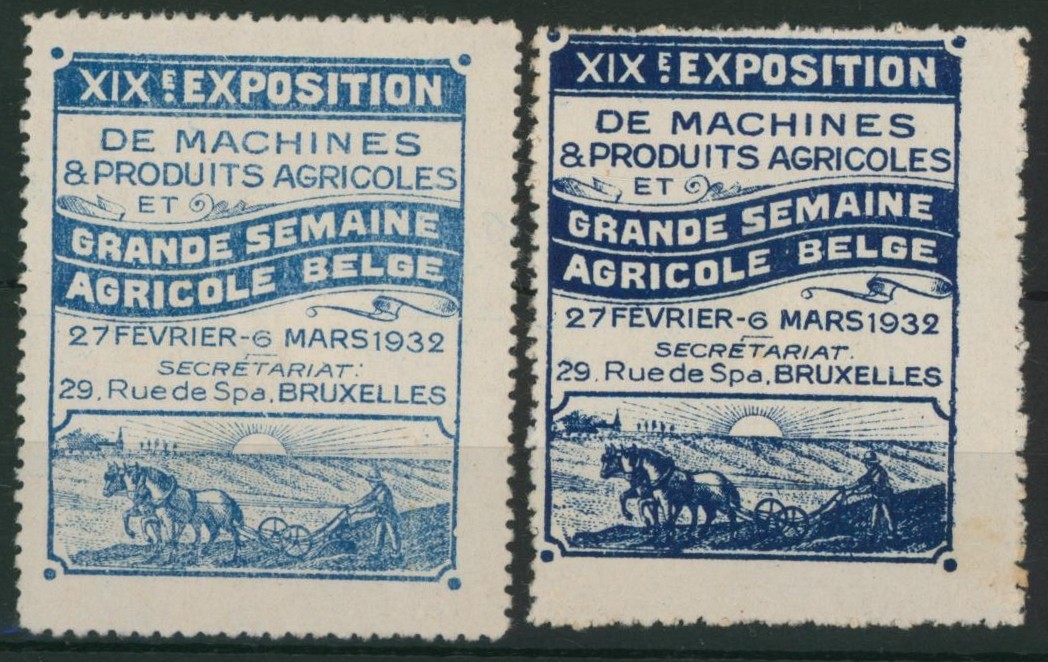 Erinnophilie -  ensemble de 2 vignettes XIXe exposition de machines & produits agricoles GRANDE SEMAINE AGRICOLE BELGE (1932)