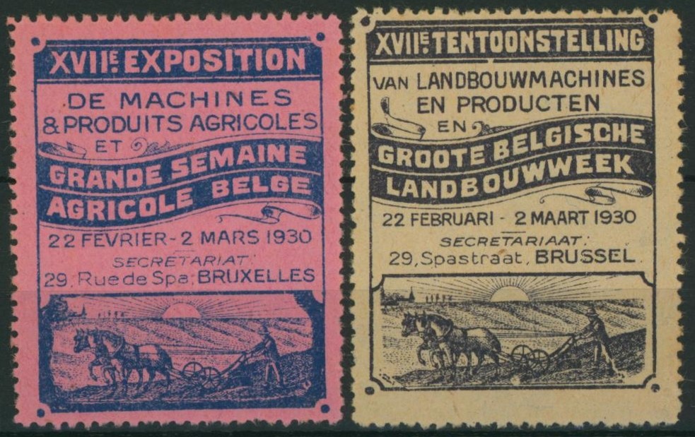 Erinnophilie -  ensemble de 2 vignettes XVIIe exposition de machines & produits agricoles GRANDE SEMAINE AGRICOLE BELGE (1930)