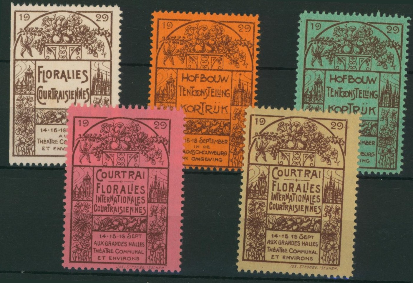 Erinnophilie - Ensemble de 5 vignettes "Courtrai / Kortrijk floralies internationales courtraisiennes" (1929)