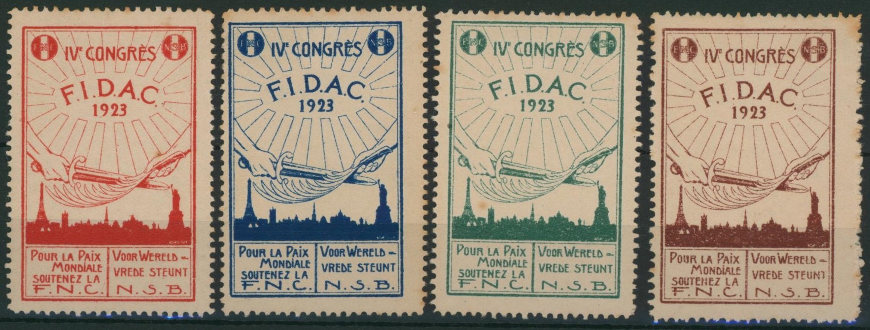 Erinnophilie - ensemble de 4 vignettes "Ive congrès F.I.D.A.C. pour la paix mondiale soutenez la F.N.C." (1923)