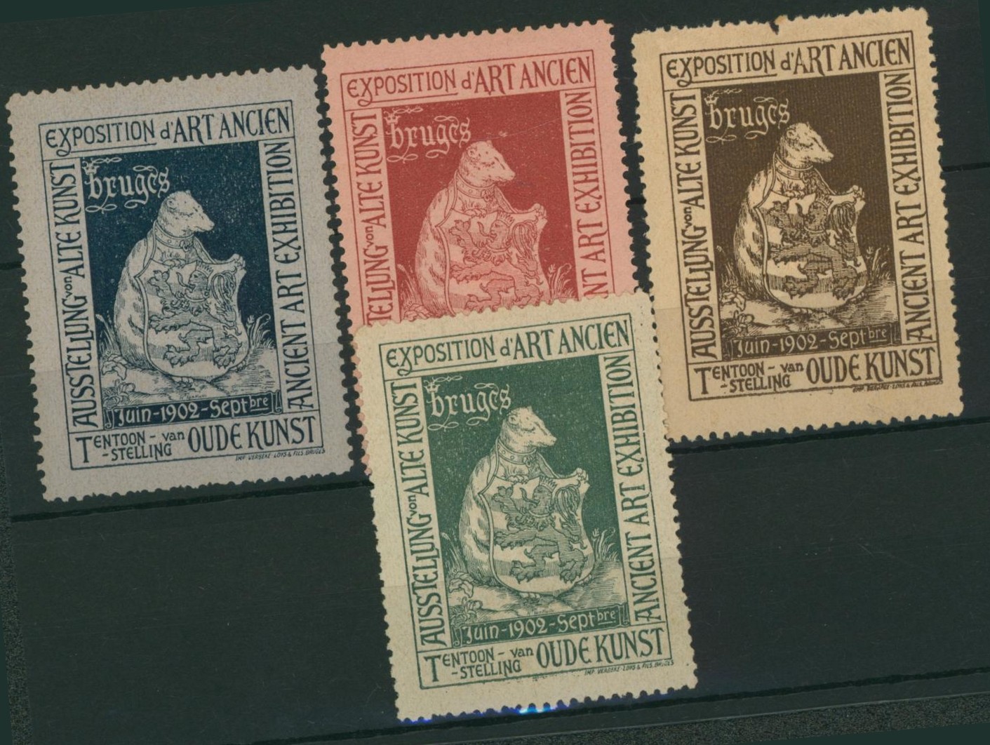 Erinnophilie - ensemble de 4 vignettes "Exposition d'art ancien BRUGES / BRUGGE" (1902). Exhibition
