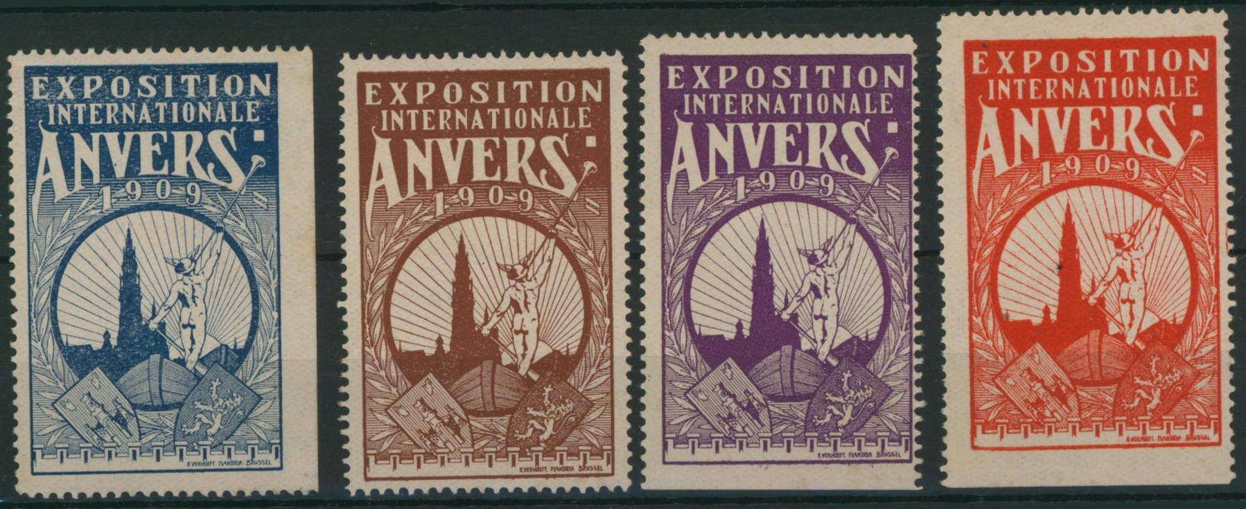 Erinnophilie - ensemble de 4 vignettes "Exposition internationale Anvers 1909"